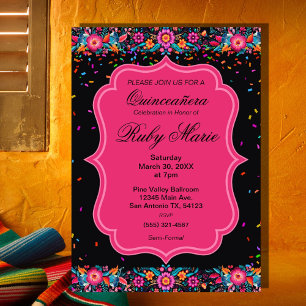 Convite de Quinceañera da Festa Floral Mexicana