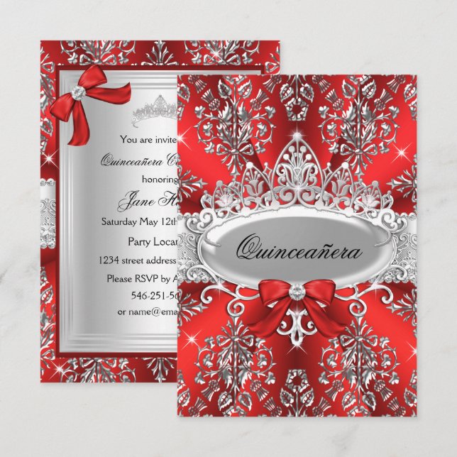 Convite de Quinceanera Damask Prata Vermelho Elega (Frente/Verso)