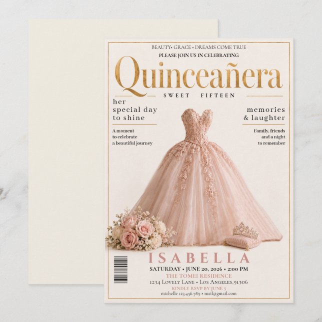 Convite de Quinceanera de Capa de Revista Elegante (Frente/Verso)