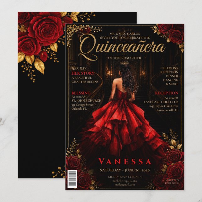 Convite de Quinceanera de Capa de Revista Elegante (Frente/Verso)