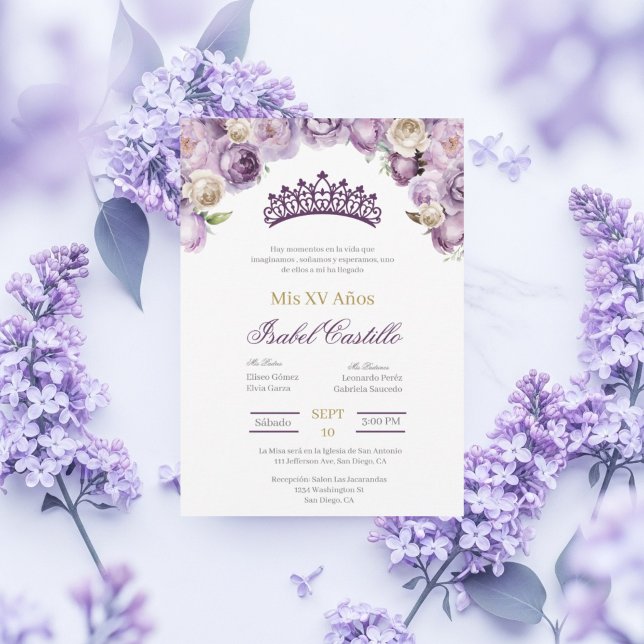 Convite de Quinceanera de flor roxa elegante (Criador carregado)