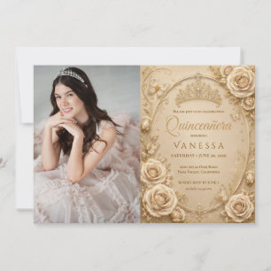 Convite de Quinceanera de Foto Bege e Dourado
