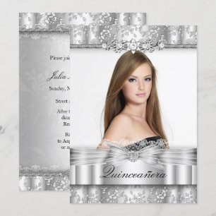 Convite de Quinceanera de Foto Floral Prata Bonito
