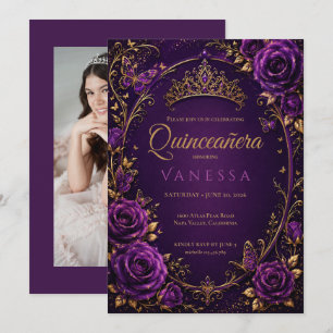 Convite de Quinceanera de Foto Roxa e Dourada