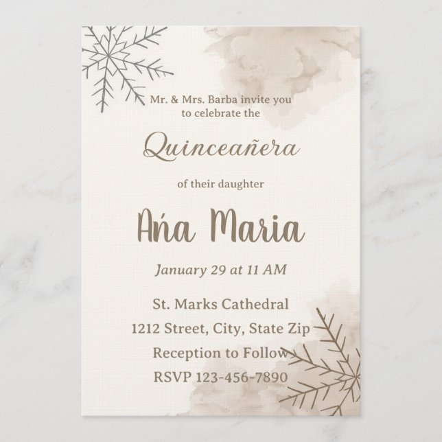 Convite de Quinceañera de Inverno Neutro – Minimal (Frente)