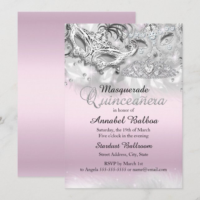Convite de Quinceanera de Mascarada Brilho Prata R (Frente/Verso)