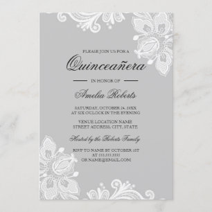 Convite de Quinceanera de renda cinza branco elega
