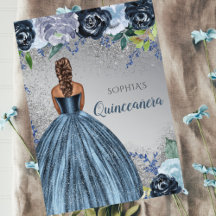 Convite de Quinceañera de Vestido Azul Brilho Orça