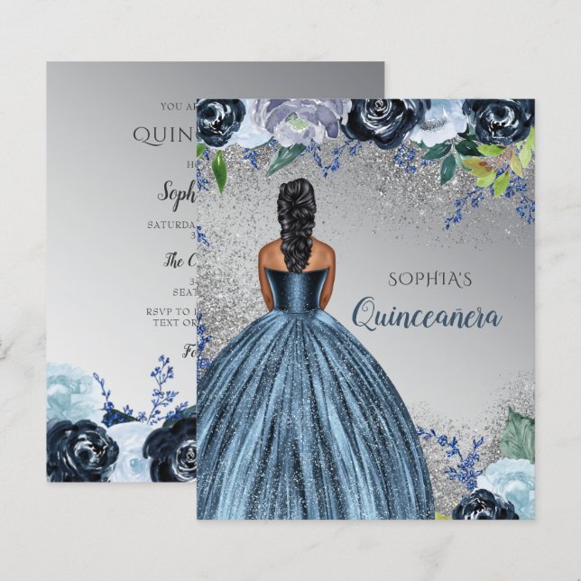 Convite de Quinceañera de vestido azul com brilho  (Frente/Verso)