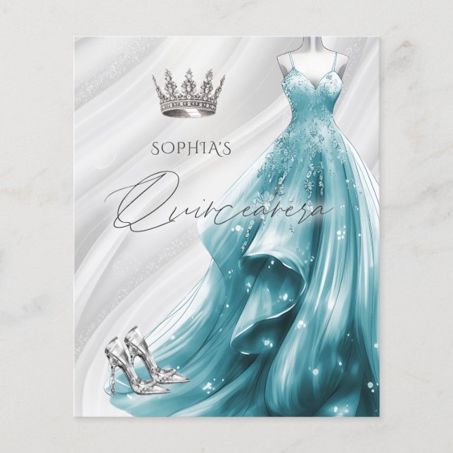 Convite de Quinceañera de vestido azul-turquesa ec (Frente)