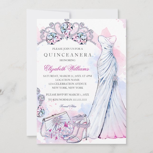 Convite de Quinceanera de Vestido de Cristal Brilh (Frente)