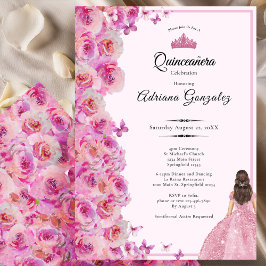 Convite de Quinceanera de vestido e rosas cor-de-r