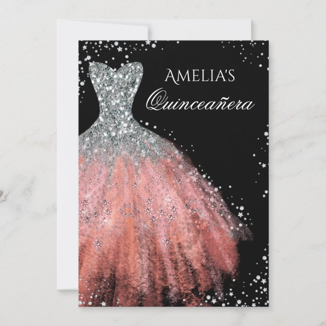 Convite de Quinceanera de vestido prateado brilhan (Frente)