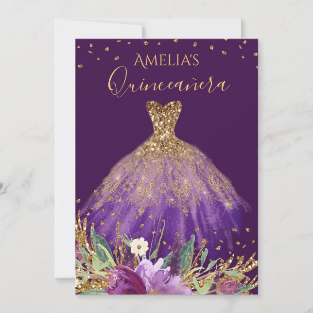 Convite de Quinceanera de Vestido Roxo Dourado de  (Frente)