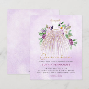 Convite de Quinceañera de vestido roxo dourado eco