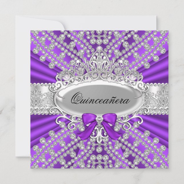 Convite de Quinceañera Diamante Roxo & Tiara (Frente)