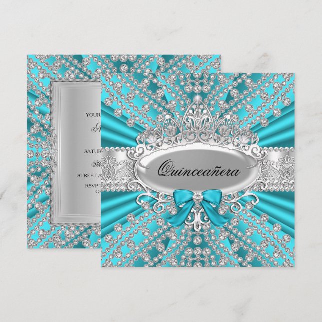 Convite de Quinceañera Diamante Teal & Tiara (Frente/Verso)