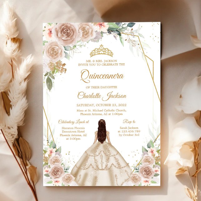 Convite de Quinceanera Dourado Champanhe (Criador carregado)