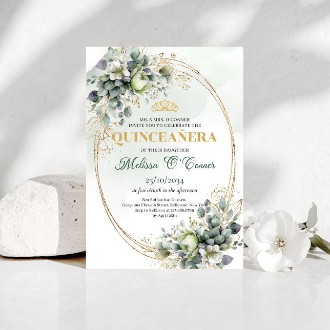 Convite de Quinceañera Dourado com Vegetação em Aq (Watercolor Greenery Gold Quinceañera Invite)