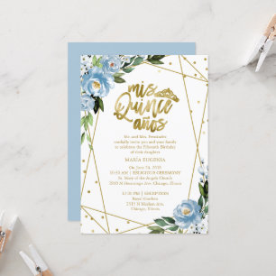 Convite de Quinceanera Dourado Folha Azul Empoeira