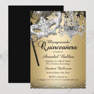 Convite de Quinceanera Dourado Máscara Lustre