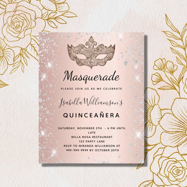Convite de Quinceanera dourado rosa disfarce (Criador carregado)