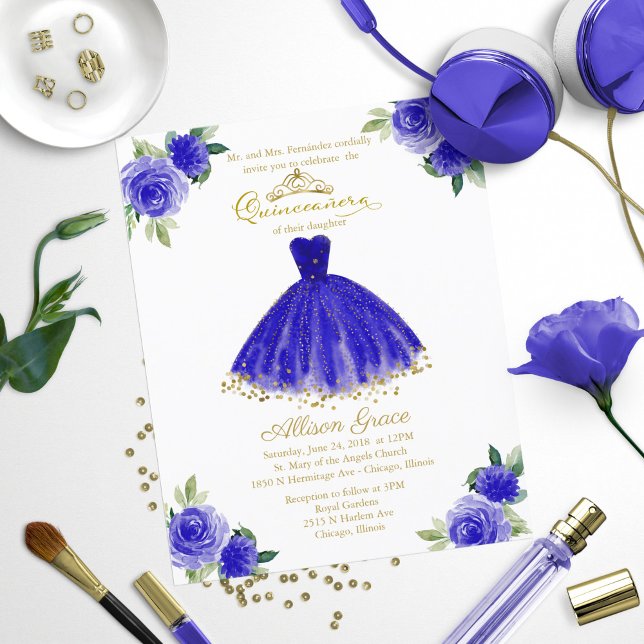 Convite de Quinceanera Econômico Vestido Azul Real (Criador carregado)