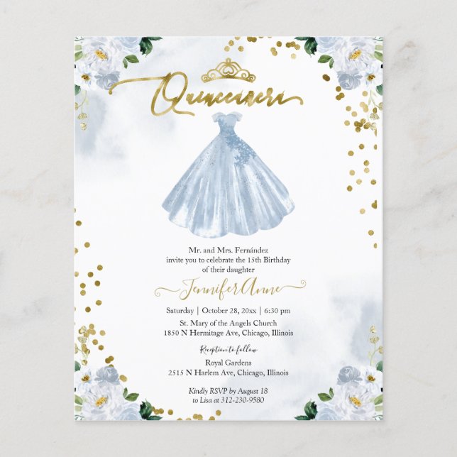 Convite de Quinceanera Econômico Vestido Floral Az (Frente)