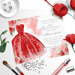 Convite de Quinceanera Econômico Vestido Vermelho
