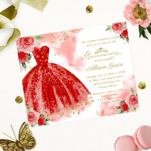 Convite de Quinceanera Econômico Vestido Vermelho 