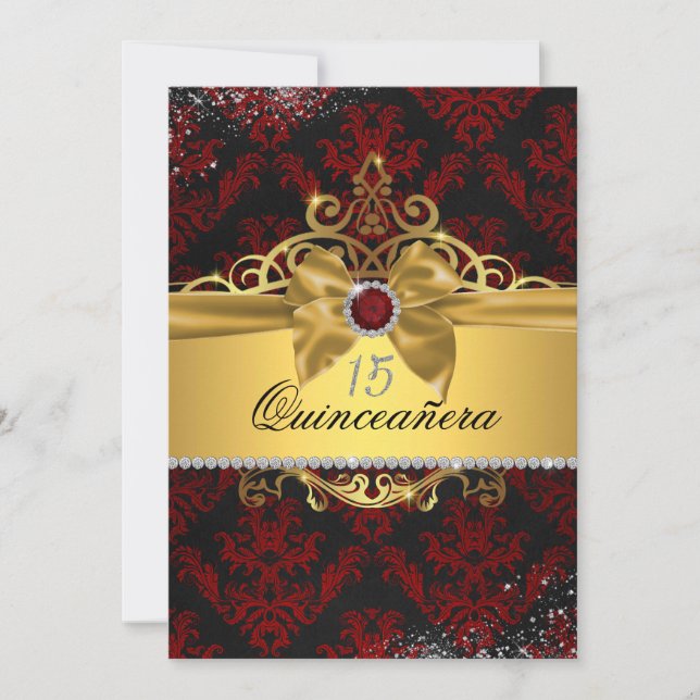 Convite de Quinceanera Elegante Damasco Vermelho D (Frente)