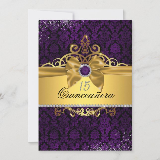 Convite de Quinceanera Elegante Dourado Roxo Damas (Frente)