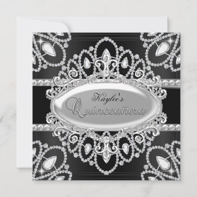 Convite de Quinceanera Elegante em Diamante Preto  (Frente)