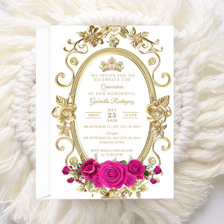 Convite de Quinceañera Elegante Floral Rosa Dourad