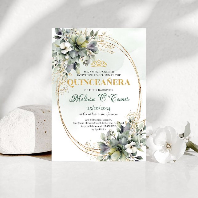 Convite de Quinceañera em Aquarela Verde Botânico  (Dusty Green Botanical Quinceañera Watercolor Invite)