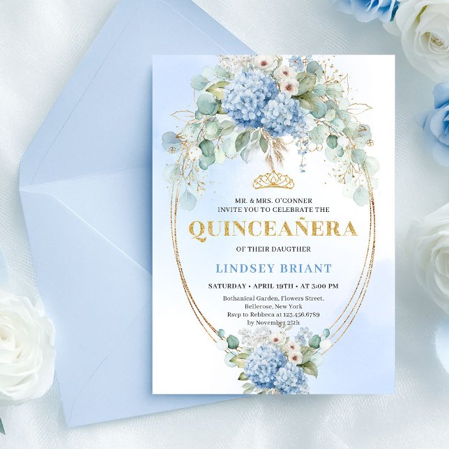 Convite de Quinceañera em Azul Boêmio com Flores e (Bohemian Blue Flowers Gold Quinceañera Invitation)