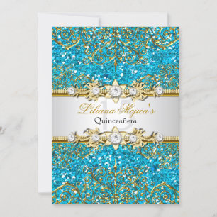 Convite de Quinceanera em Damasco Azul com Brilho 