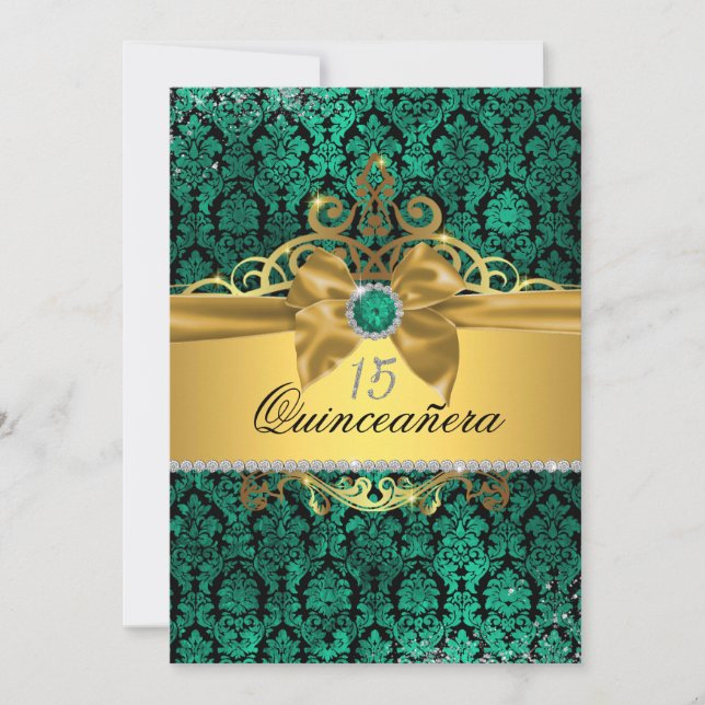 Convite de Quinceanera em Damasco Elegante Dourado (Frente)