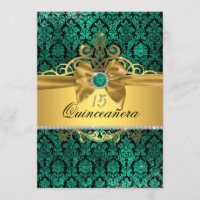 Convite de Quinceanera em Damasco Elegante Dourado