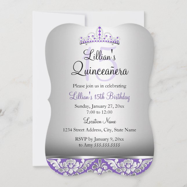 Convite de Quinceanera em Damasco Prata Roxo & Tia (Frente)