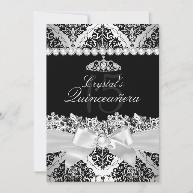 Convite de Quinceanera em Damasco Prateado e Laço  (Frente)