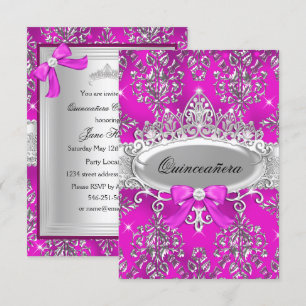 Convite de Quinceanera em Damask Tiara Prata Rosa