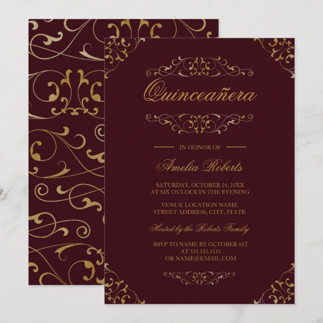 Convite de Quinceanera em Dourado Borgonha Antigo  (Frente/Verso)
