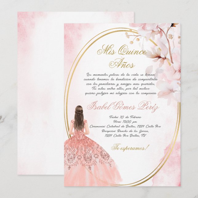 Convite de quinceanera em espanhol (Frente/Verso)