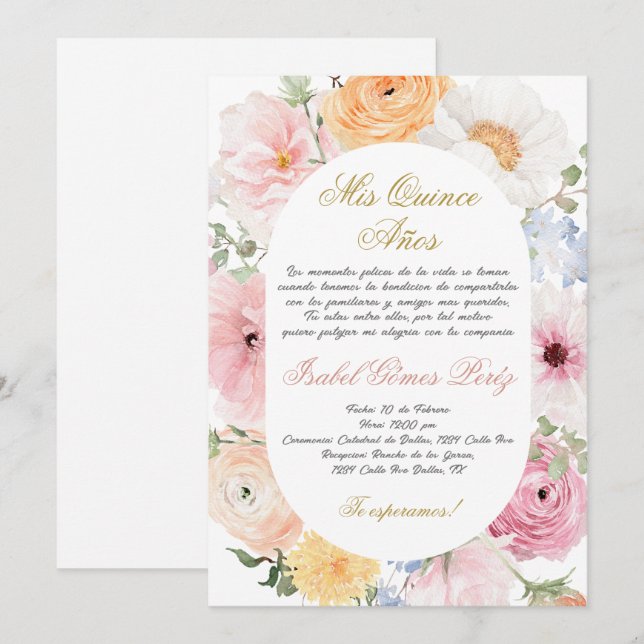 Convite de quinceanera em espanhol (Frente/Verso)