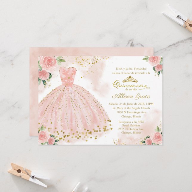 Convite de Quinceanera em Espanhol Rosa Dourado Fo (Frente/Verso In Situ)