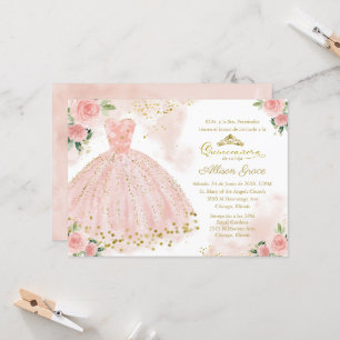 Convite de Quinceanera em Espanhol Rosa Dourado Fo