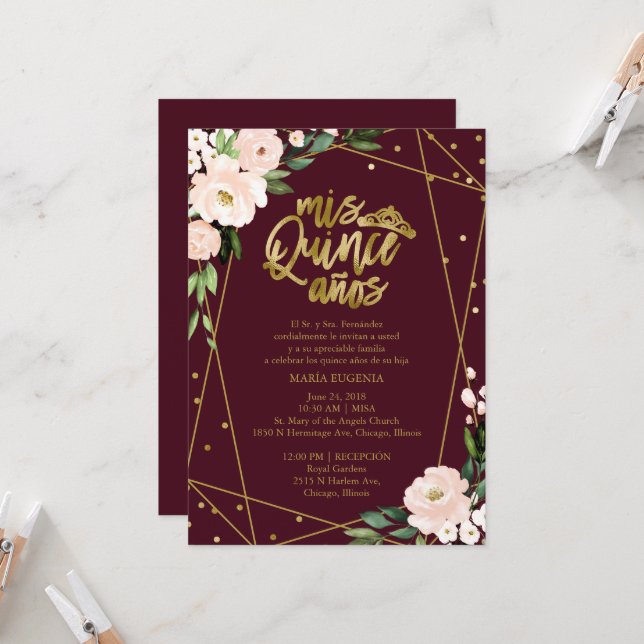 Convite de Quinceanera em Espanhol Rosa Dourado Fo (Frente/Verso In Situ)