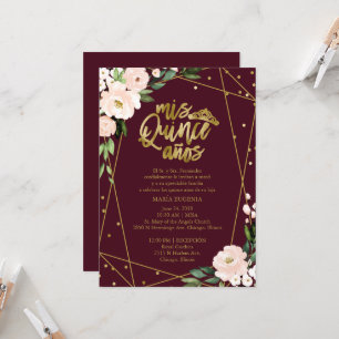 Convite de Quinceanera em Espanhol Rosa Dourado Fo