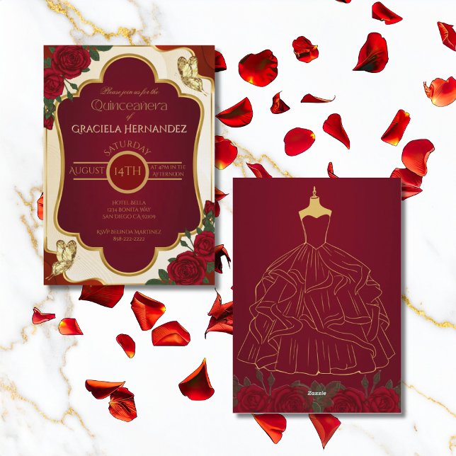 Convite de Quinceañera em Ouro e Borgonha Elegante (Criador carregado)